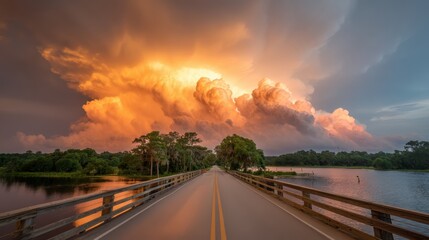 A straight road stretches over a bridge toward lush trees, beneath a dramatic, glowing cloud-filled sky at sunset