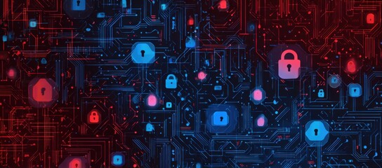 Abstract digital circuit board with security icons.  Glowing lock and house icons embedded in a complex network of glowing lines and shapes, in vibrant red and blue colors