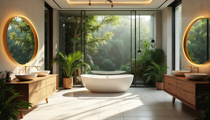 Modern luxury bathroom features freestanding tub, double vanities with botanical garden view. Sleek, minimalist design, wood cabinetry, round backlit mirrors, natural light floods space. Scandinavian