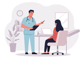 Confident doctor consults with patient, discussing medical report in modern, bright clinic setting for healthcare solutions