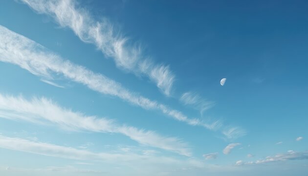 Clear blue sky with wispy white cirrus clouds. Daytime sky features scattered cloud formations and visible crescent moon. This natural background offers ample copy space for text and design elements. - Powered by Adobe