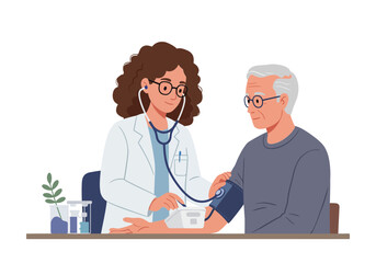 Caring doctor checks elderly patient's blood pressure, promoting health and well-being with professional medical attention
