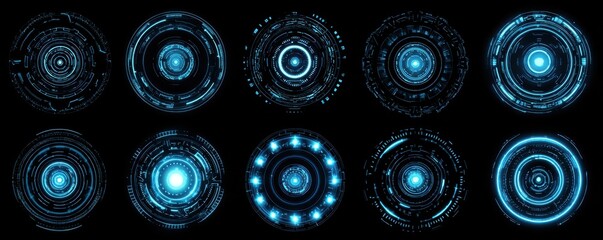 Abstract circular designs with glowing blue outlines and centers.  Complex, intricate patterns layered within each circle on a black background.  Each circle varies slightly in design