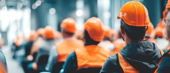A group of construction workers in orange safety helmets and vests attend a meeting or training session indoors