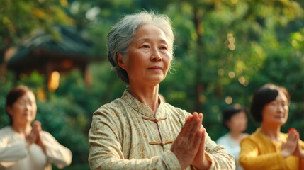 Elderly women practice tai chi outdoors, surrounded by lush greenery, promoting mindfulness, relaxation, and healthy aging in a peaceful natural setting