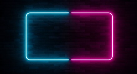 Vibrant neon light frame with rounded corners, split into glowing blue and pink halves against a dark brick wall background.