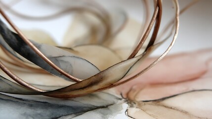 Abstract organic sculpture with translucent layers and watercolor background