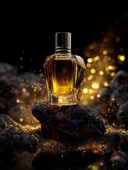 Luxury perfume bottle on rock with gold glitter and bokeh lights product photography shot