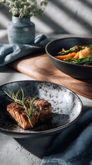 Seared salmon fillet with rosemary on ceramic plate in natural light