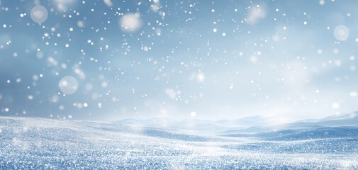 The tranquil winter landscape covered in gentle snow flurries shimmering under soft light.