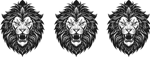 Lion head vector illustration, fierce animal design, tribal style artwork, aggressive expression, black ink sketch, bold graphic, tattoo inspiration, majestic beast © Ambia Art