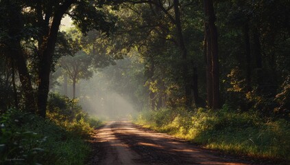 Obraz premium Misty forest path bathed in golden sunlight