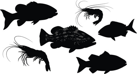 Naklejka premium Fish and shrimp silhouettes vector illustration, seafood animal collection, aquatic life design elements, marine wildlife icons, fishing industry graphics, underwater nature set