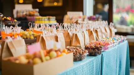 Assorted treats in paper bags and containers on a table.