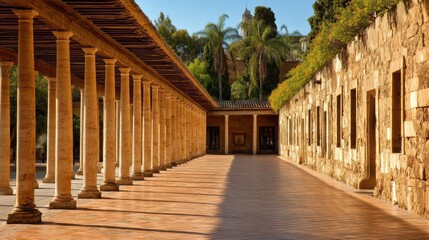 A sunlit courtyard with stone columns and walls, featuring historic architecture and lush greenery in the background