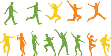 Colorful people silhouettes walking and jumping, active human vector illustration, lifestyle movement design, playful group poses, energetic dance collection, joyful activity celebration graphics