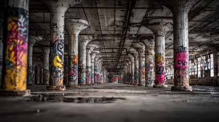 An abandoned industrial building with rows of concrete columns covered in colorful graffiti and urban street art