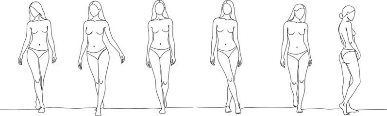 Female body line art illustration, walking woman vector drawing, minimal outline poses, fashion model sketch collection, stylish girl figure design elements © Ambia Art