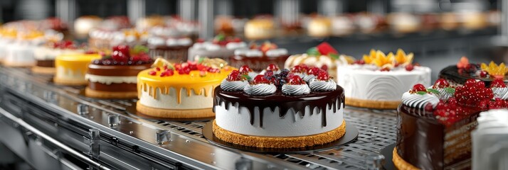 Delicious selection of colorful cakes on a conveyor belt at a pastry shop in the afternoon