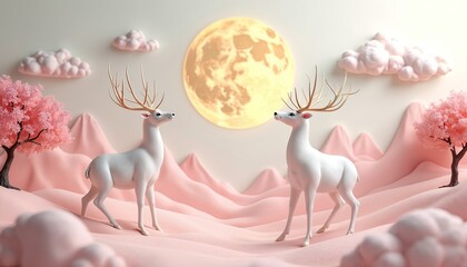 Pastel illustration featuring two white deer with antlers in dreamy landscape. Soft pink mountains, clouds surround animals under large yellow moon. Delicate pink cherry blossom trees add to
