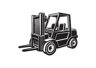 Black silhouette of a modern forklift truck vector illustration, industrial vehicle icon design for warehouse and logistics.