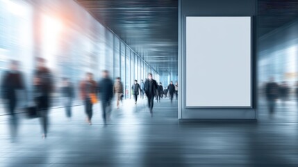 Busy modern hallway with blurred people walking past a large blank billboard for advertising or announcements