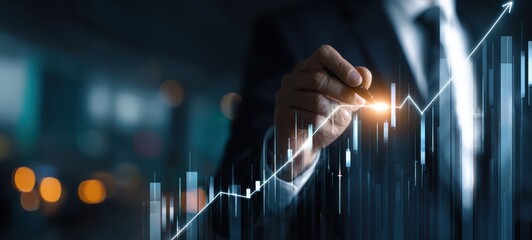 The businessman drawing an upward financial graph with glowing digital analytics overlay