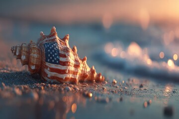 Colorful shell with American flag design resting on sandy beach during sunset