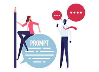 Concept of artificial intelligence in business, prompt-engineer writing a prompt, creating content using a generative AI model, artificial intelligence development