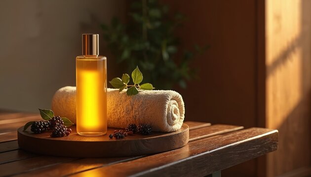 Rejuvenating Ayurvedic massage treatment essentials with golden oil in bottle, soft rolled towel, dark berries, and green leaves. Natural spa relaxation concept. Calm ambiance, health and wellness.