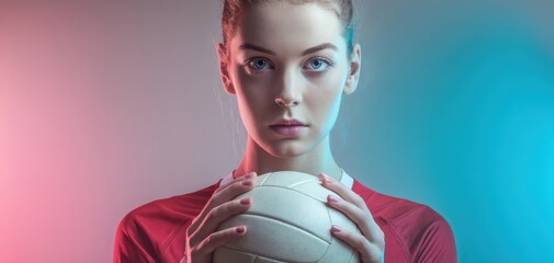 The focused athlete holding a volleyball with determination and confidence.