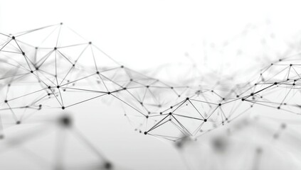 Abstract network of interconnected points and lines, forming complex, flowing shapes against a bright white background
