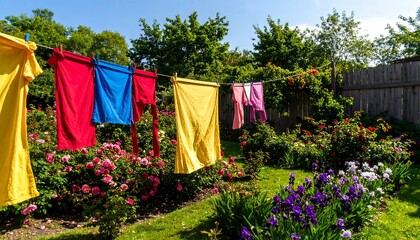 Colorful laundry hanging on a clothesline in a garden