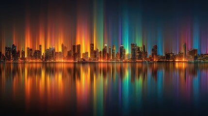 Fototapeta premium Vibrant city skyline at night, reflected in water with colorful light beams