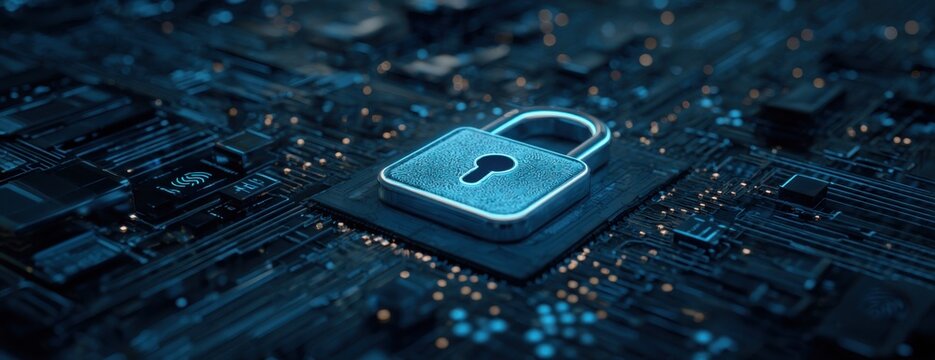 A glowing padlock icon rests on a detailed circuit board, emphasizing digital security