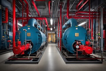 Industrial boiler room with two large blue boilers, red pipes, and complex machinery, showcasing advanced heating and mechanical systems