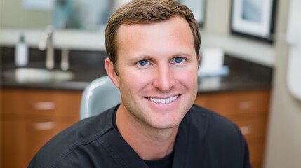 Obraz premium A smiling dentist in scrubs sits in a modern dental office, exuding friendliness and professionalism