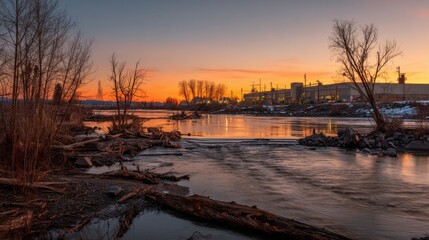 Soft light breaks over the horizon, illuminating the river's surface while silhouetted trees frame the water. An industrial building stands in the distance, contrasting with nature.