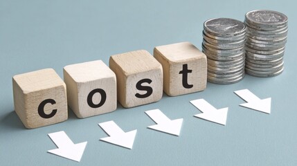Wooden blocks spell out cost next to a stack of silver coins and arrows pointing upward, illustrating the concept of inflation and rising expenses in a clear manner