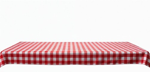 Red, white checkered tablecloth, classic gingham pattern ideal for picnics, parties, home decor. Hard-wearing fabric, possibly cotton polyester, offers festive surface for dining serving food