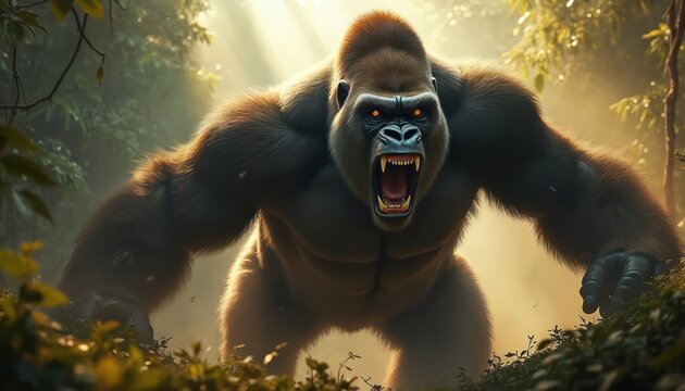 Fierce silverback gorilla roars in jungle habitat. Powerful ape with glowing eyes and bared teeth shows aggressive behavior. Majestic primate, symbol of strength and wild nature.