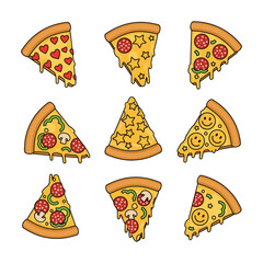 Nine Melted Cheese Pizza Slices: Cartoon Style, Fun Mood
