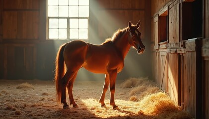 Brown horse stands in bright barn filled with straw. Sunlight streams through window illuminating dust motes and wooden stalls. Peaceful, serene atmosphere enhances natural beauty of farm animal.