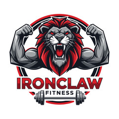 Powerful Muscular Lion Fitness Logo:  Aggressive, Red, and Gray Design