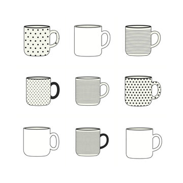Nine Minimalist Coffee Mugs: Polka Dot, Striped, and Plain Designs.