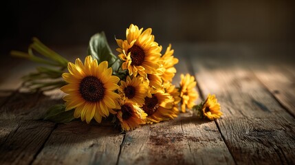 Sunflower bouquet bathed in golden morning light on a rustic wooden surface, radiating natural vibrancy.