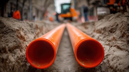 Two large orange utility pipes are laid in a sandy trench at a construction site on a city street