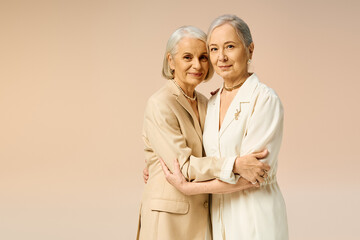 Mature couple embracing in elegant fashion, celebrating love and connection together