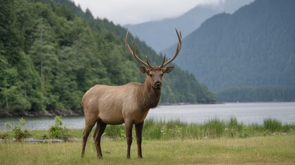 Fototapeta premium A majestic elk stands on a grassy field near a lake, surrounded by dense forest and mountains in the background