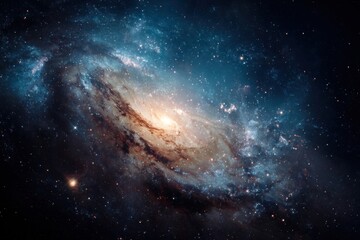 Obraz premium Spiral galaxy in deep space. Vast expanse of cosmic nebulae with swirling arms of light and dark hues. Stars scattered across the backdrop. Intricate patterns and colors